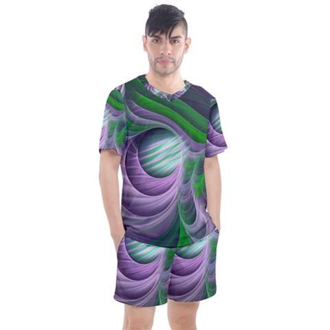 Purple Green Fractal Texture Men s Mesh Tee And Shorts Set by Pakrebo