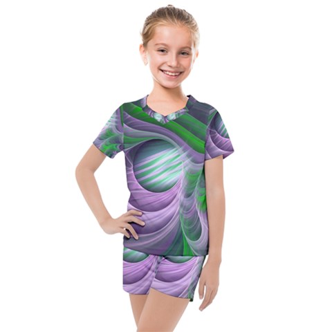 Purple Green Fractal Texture Kids  Mesh Tee And Shorts Set by Pakrebo