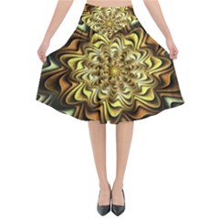 Fractal Flower Petals Gold Flared Midi Skirt by Pakrebo