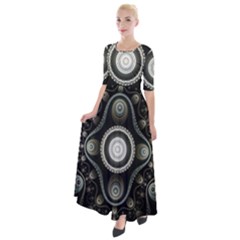 Fractal Beige Blue Abstract Half Sleeves Maxi Dress