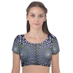 Fractal Blue Green Mirror Flowers Velvet Short Sleeve Crop Top  by Pakrebo