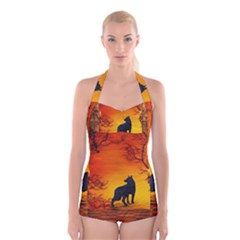 Wonderful Wolf In The Night Boyleg Halter Swimsuit 