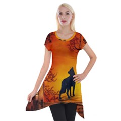 Wonderful Wolf In The Night Short Sleeve Side Drop Tunic by FantasyWorld7