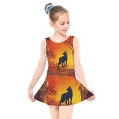 Wonderful Wolf In The Night Kids  Skater Dress Swimsuit by FantasyWorld7