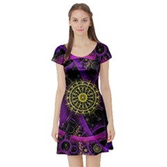 Fractal Neon Rings Geometric Short Sleeve Skater Dress