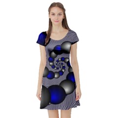 Balls Circles Fractal Silver Blue Short Sleeve Skater Dress