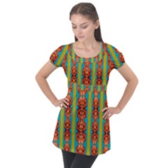 Love For The Fantasy Flowers With Happy Joy Puff Sleeve Tunic Top