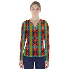 Love For The Fantasy Flowers With Happy Joy V-Neck Long Sleeve Top