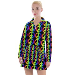 Retro Rainbow Gradient Peace Symbol Women s Long Sleeve Casual Dress by Pakrebo