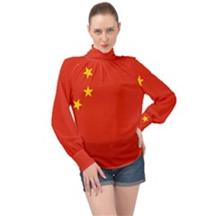 China Flag High Neck Long Sleeve Chiffon Top