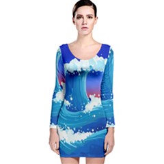 Japanese Wave Japanese Ocean Waves Long Sleeve Velvet Bodycon Dress by Pakrebo