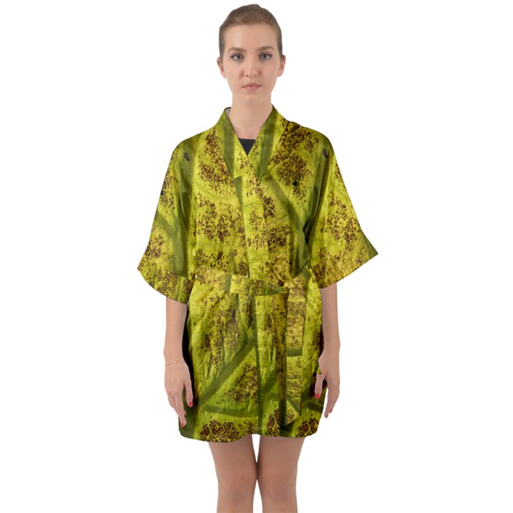 Leaf Structure Texture Background Quarter Sleeve Kimono Robe