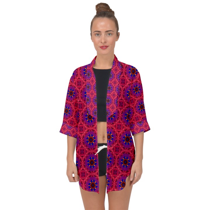 Retro Abstract Boho Unique Open Front Chiffon Kimono