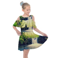 Waterfall River Nature Forest Kids  Shoulder Cutout Chiffon Dress by Pakrebo