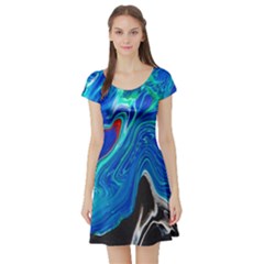Paint Acrylic Paint Art Colorful Blue Short Sleeve Skater Dress