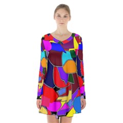 Crazycolorabstract Long Sleeve Velvet V-neck Dress