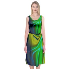 Green Blue Yellow Swirl Midi Sleeveless Dress