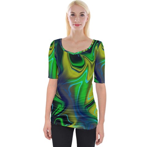 Green Blue Yellow Swirl Wide Neckline Tee by bloomingvinedesign