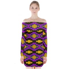 Seamless Wallpaper Digital Pattern Yellow Brown Purple Long Sleeve Off Shoulder Dress by Pakrebo