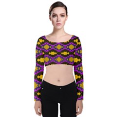 Seamless Wallpaper Digital Pattern Yellow Brown Purple Velvet Long Sleeve Crop Top by Pakrebo