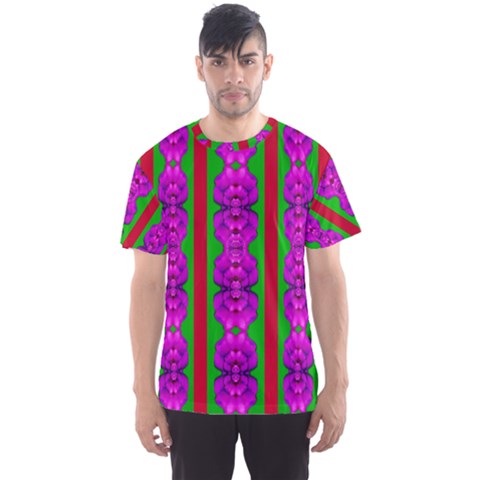 Love For The Fantasy Flowers With Happy Purple And Golden Joy Men s Sports Mesh Tee by pepitasart