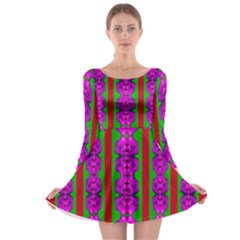 Love For The Fantasy Flowers With Happy Purple And Golden Joy Long Sleeve Skater Dress by pepitasart