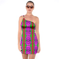 Love For The Fantasy Flowers With Happy Purple And Golden Joy One Soulder Bodycon Dress by pepitasart