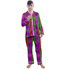 Love For The Fantasy Flowers With Happy Purple And Golden Joy Men s Satin Pajamas Long Pants Set by pepitasart