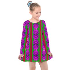 Love For The Fantasy Flowers With Happy Purple And Golden Joy Kids  Long Sleeve Dress by pepitasart