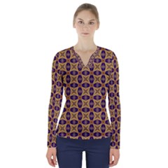 Seamless Wallpaper Pattern Ornament Vintage V-Neck Long Sleeve Top