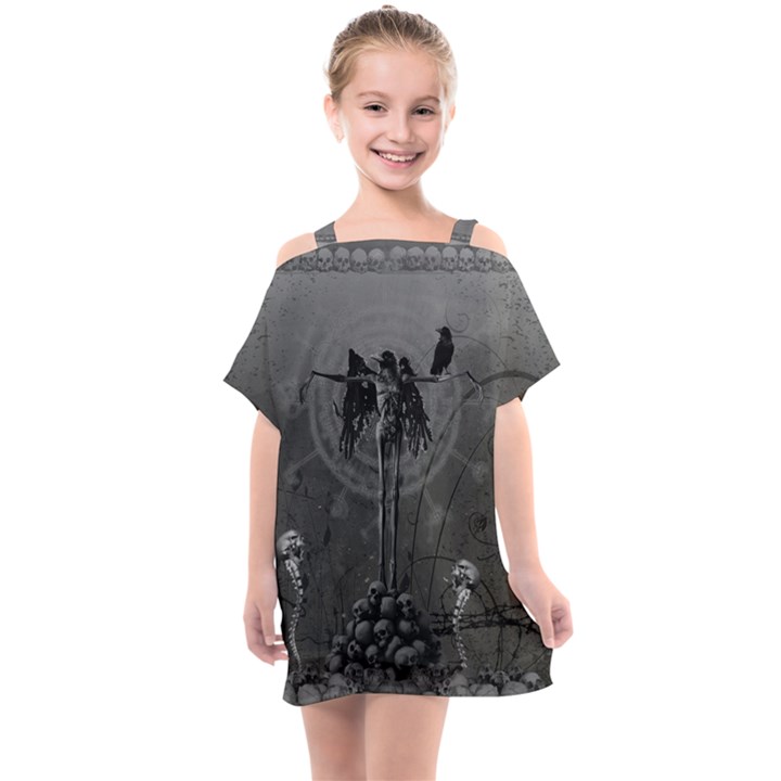 Awesome Crow Skeleton With Skulls Kids  One Piece Chiffon Dress