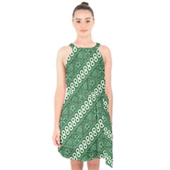 Batik Pattern Java Indonesia Halter Collar Waist Tie Chiffon Dress