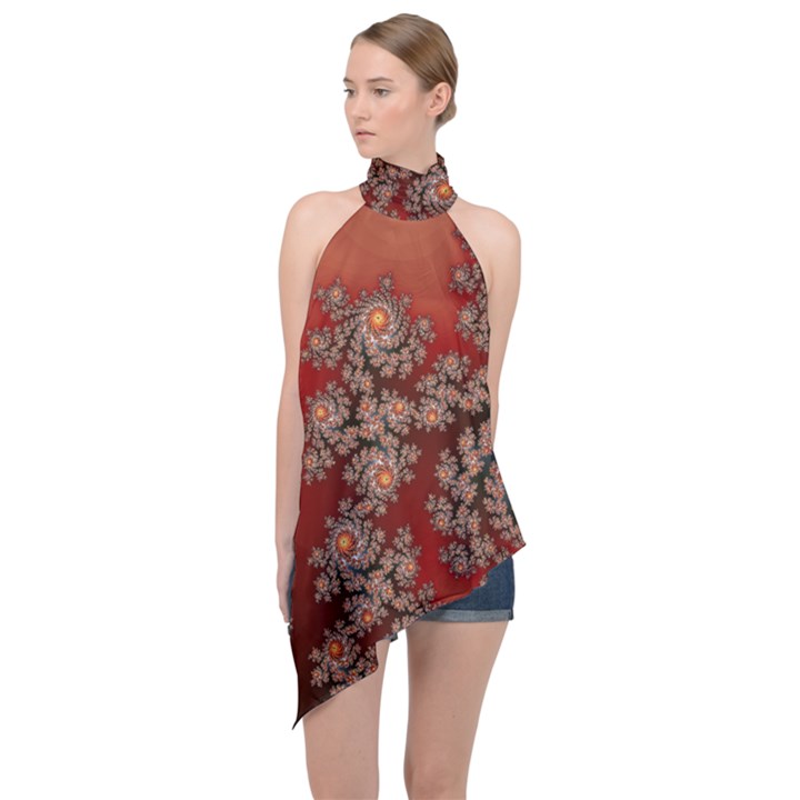 Fractal Rendering Pattern Abstract Halter Asymmetric Satin Top