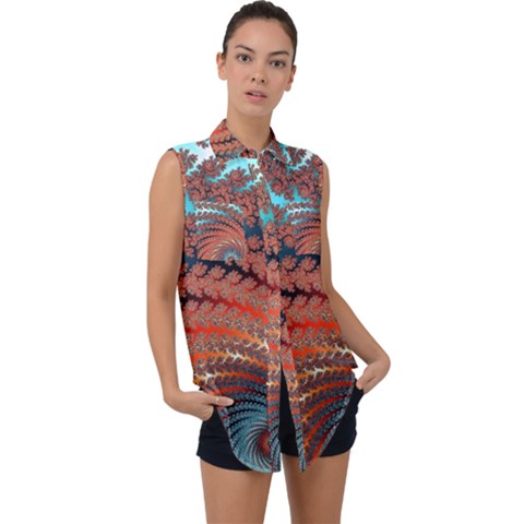 Fractal Spiral Abstract Design Sleeveless Chiffon Button Shirt by Pakrebo