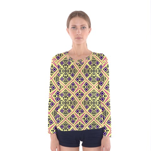 Seamless Wallpaper Geometric Yellow Women s Long Sleeve Tee by Pakrebo