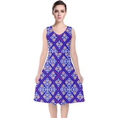 Symmetry Digital Art Pattern Blue V-Neck Midi Sleeveless Dress 