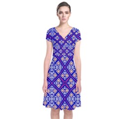 Symmetry Digital Art Pattern Blue Short Sleeve Front Wrap Dress