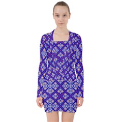 Symmetry Digital Art Pattern Blue V-neck Bodycon Long Sleeve Dress