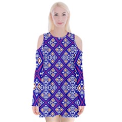Symmetry Digital Art Pattern Blue Velvet Long Sleeve Shoulder Cutout Dress