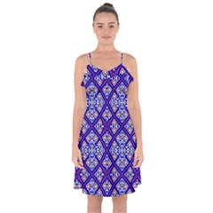 Symmetry Digital Art Pattern Blue Ruffle Detail Chiffon Dress