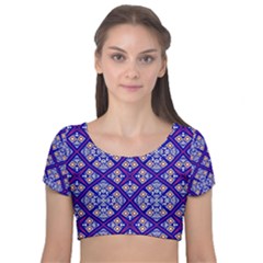 Symmetry Digital Art Pattern Blue Velvet Short Sleeve Crop Top 