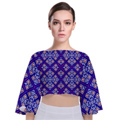 Symmetry Digital Art Pattern Blue Tie Back Butterfly Sleeve Chiffon Top