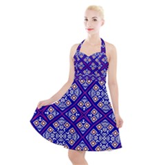 Symmetry Digital Art Pattern Blue Halter Party Swing Dress 