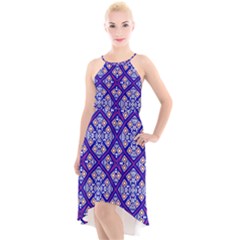 Symmetry Digital Art Pattern Blue High-Low Halter Chiffon Dress 
