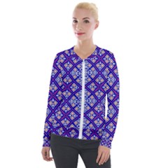 Symmetry Digital Art Pattern Blue Velour Zip Up Jacket