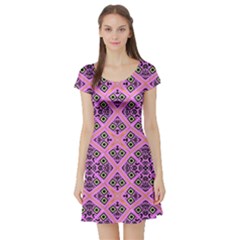 Seamless Wallpaper Geometric Pink Short Sleeve Skater Dress