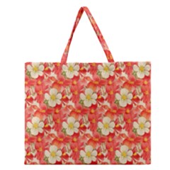 Background Images Floral Pattern Red White Zipper Large Tote Bag by Pakrebo