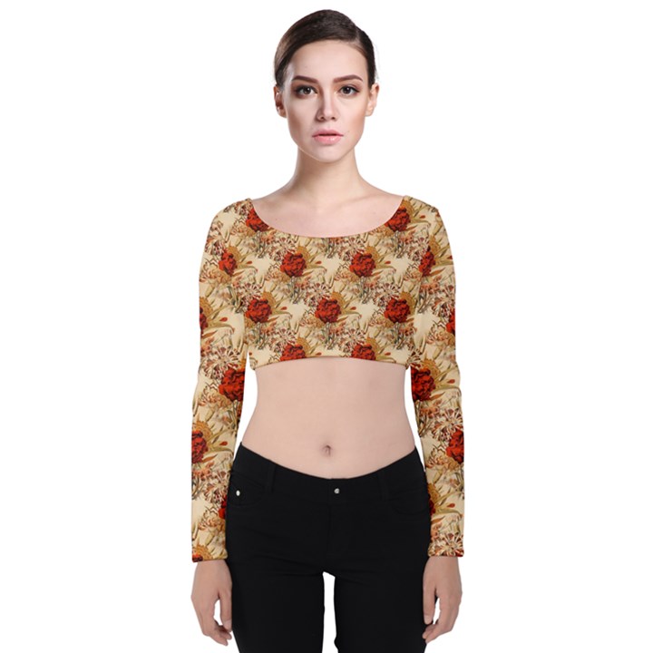 Scrapbook Floral Background Vintage Velvet Long Sleeve Crop Top