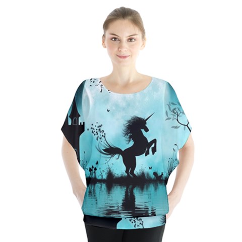 Wonderful Unicorn Silhouette In The Night Batwing Chiffon Blouse by FantasyWorld7