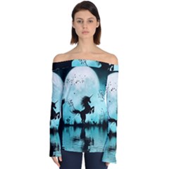 Wonderful Unicorn Silhouette In The Night Off Shoulder Long Sleeve Top by FantasyWorld7